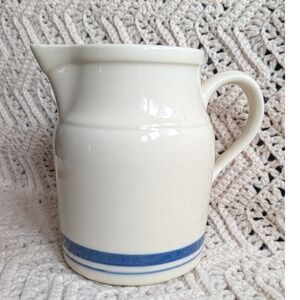 Vintage Large Roseville Ohio Blue Striped Stoneware Pitcher Farmhouse  8"
